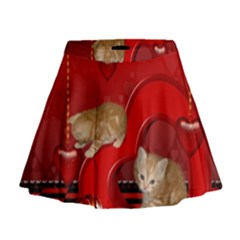 Cute, Playing Kitten With Hearts Mini Flare Skirt by FantasyWorld7