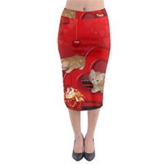 Cute, Playing Kitten With Hearts Midi Pencil Skirt by FantasyWorld7