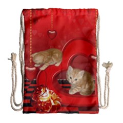 Cute, Playing Kitten With Hearts Drawstring Bag (large) by FantasyWorld7