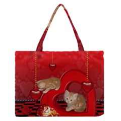 Cute, Playing Kitten With Hearts Medium Zipper Tote Bag by FantasyWorld7