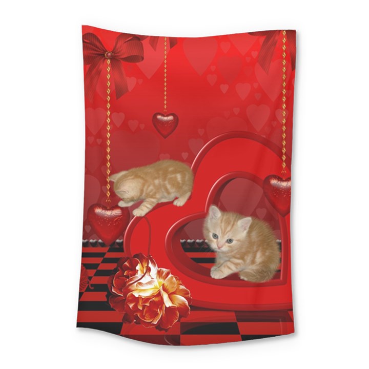 Cute, Playing Kitten With Hearts Small Tapestry