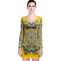 Happy Fantasy Earth Mandala Long Sleeve Bodycon Dress by pepitasart