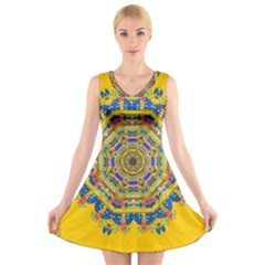 Happy Fantasy Earth Mandala V-neck Sleeveless Skater Dress by pepitasart