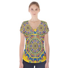 Happy Fantasy Earth Mandala Short Sleeve Front Detail Top by pepitasart