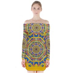 Happy Fantasy Earth Mandala Long Sleeve Off Shoulder Dress by pepitasart