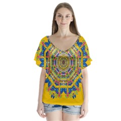 Happy Fantasy Earth Mandala Flutter Sleeve Top by pepitasart