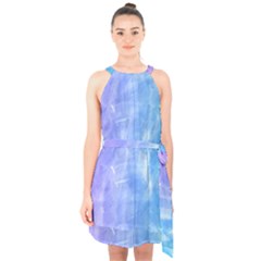 Blue purple watercolors              Halter Collar Waist Tie Chiffon Dress