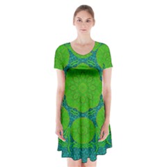 Summer And Festive Touch Of Peace And Fantasy Short Sleeve V-neck Flare Dress by pepitasart