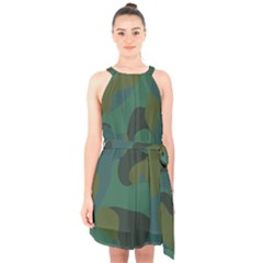 Blue Green Camo Halter Collar Waist Tie Chiffon Dress