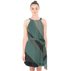 Teal Camo Abstract Halter Collar Waist Tie Chiffon Dress