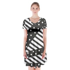 Ambiguous Stripes Line Polka Dots Black Short Sleeve V-neck Flare Dress by Mariart