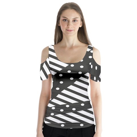 Ambiguous Stripes Line Polka Dots Black Butterfly Sleeve Cutout Tee  by Mariart