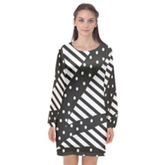 Ambiguous Stripes Line Polka Dots Black Long Sleeve Chiffon Shift Dress 