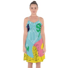 Behance Feelings Beauty Waves Blue Yellow Pink Green Leaf Ruffle Detail Chiffon Dress