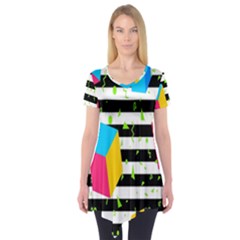 Cube Line Polka Dots Horizontal Triangle Pink Yellow Blue Green Black Flag Short Sleeve Tunic 