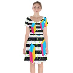 Cube Line Polka Dots Horizontal Triangle Pink Yellow Blue Green Black Flag Short Sleeve Bardot Dress by Mariart