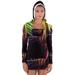 Colorful Abstract Fantasy Modern Green Gold Purple Light Black Line Women s Long Sleeve Hooded T-shirt