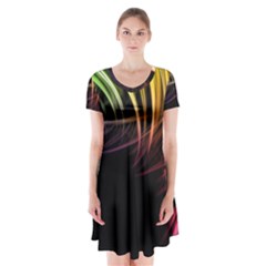 Colorful Abstract Fantasy Modern Green Gold Purple Light Black Line Short Sleeve V-neck Flare Dress by Mariart