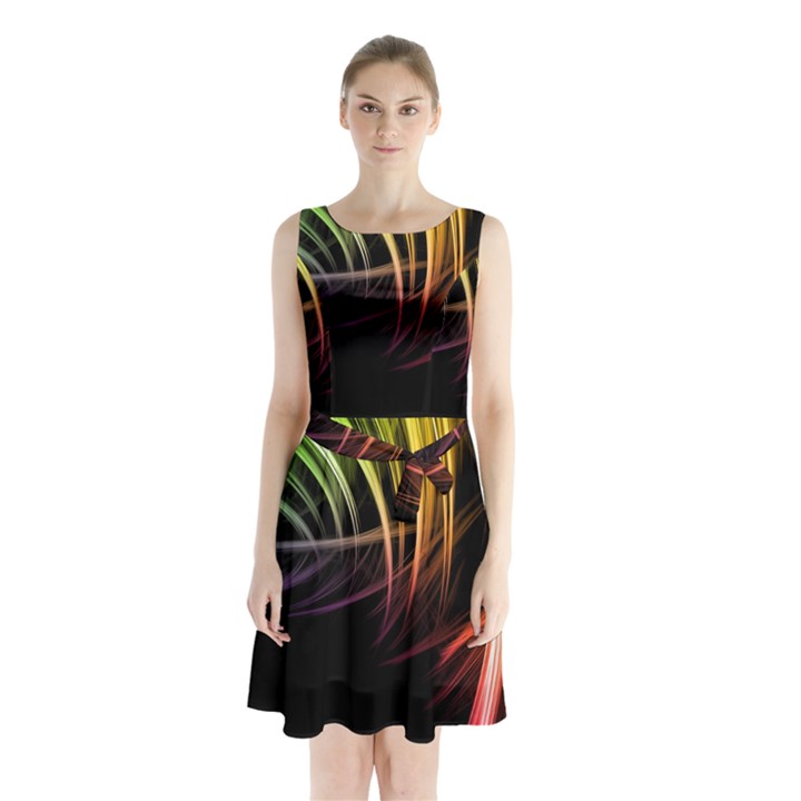 Colorful Abstract Fantasy Modern Green Gold Purple Light Black Line Sleeveless Waist Tie Chiffon Dress