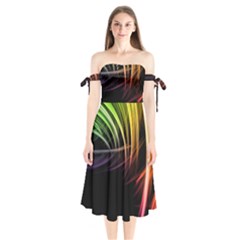 Colorful Abstract Fantasy Modern Green Gold Purple Light Black Line Shoulder Tie Bardot Midi Dress by Mariart