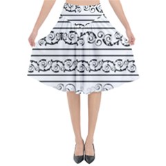 Black White Decorative Ornaments Flared Midi Skirt