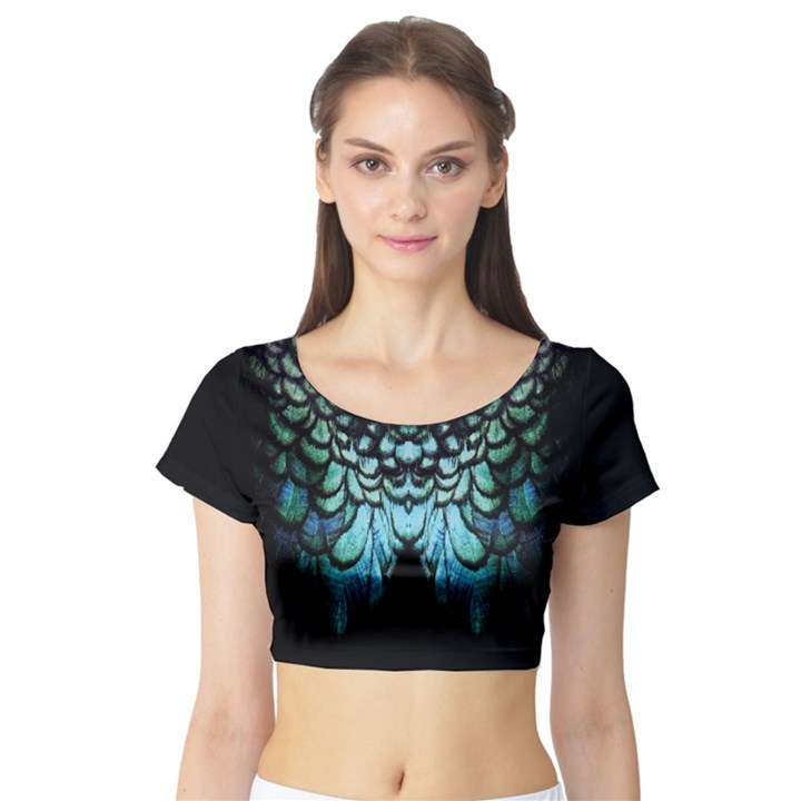 blue and green feather collier Short Sleeve Crop Top (Tight Fit)