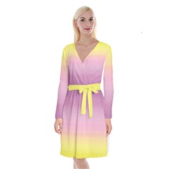 Pink And Yellow Long Sleeve Velvet Front Wrap Dress by UnicornFashion