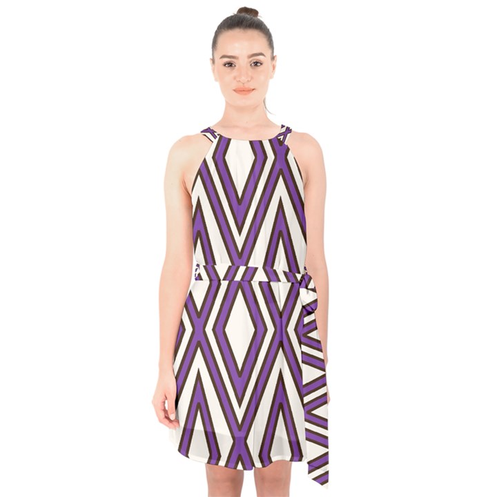 Diamond Key Stripe Purple Chevron Halter Collar Waist Tie Chiffon Dress