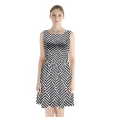 Escher Striped Black And White Plain Vinyl Sleeveless Waist Tie Chiffon Dress by Mariart