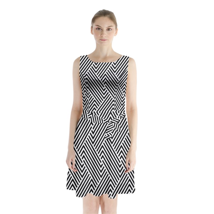 Escher Striped Black And White Plain Vinyl Sleeveless Waist Tie Chiffon Dress