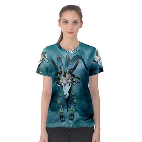 The Billy Goat  Skull With Feathers And Flowers Women s Sport Mesh Tee by FantasyWorld7