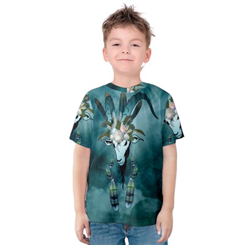 The Billy Goat  Skull With Feathers And Flowers Kids  Cotton Tee by FantasyWorld7