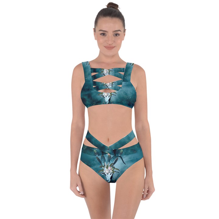 The Billy Goat  Skull With Feathers And Flowers Bandaged Up Bikini Set 