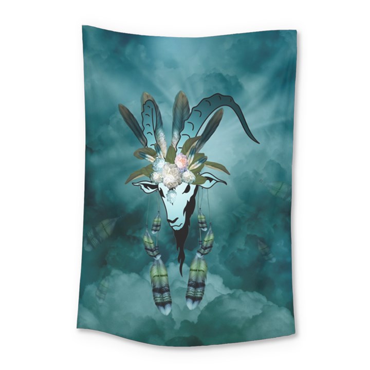 The Billy Goat  Skull With Feathers And Flowers Small Tapestry