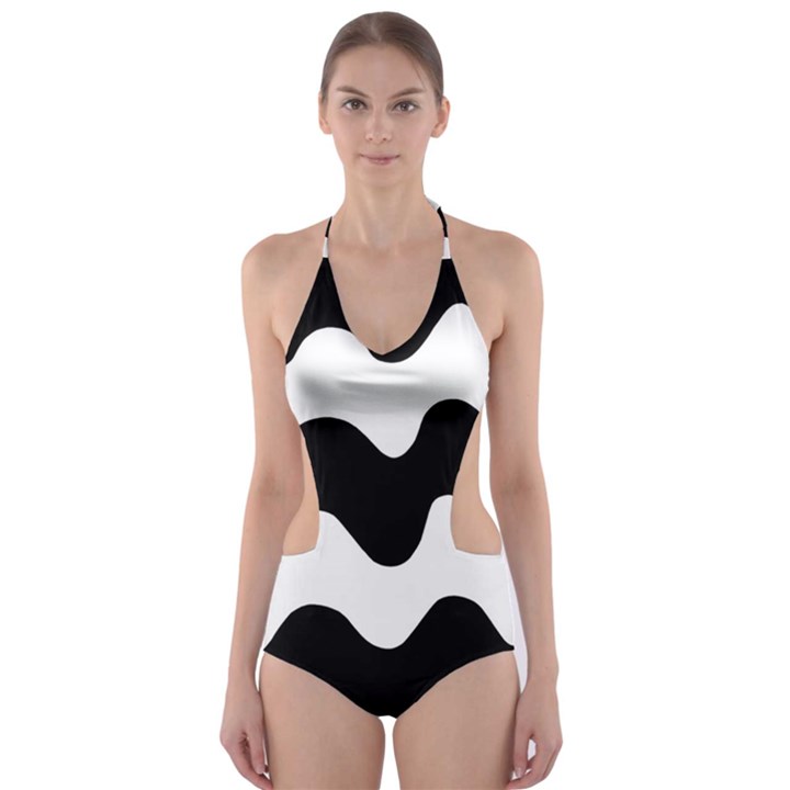 Lokki Cotton White Black Waves Cut-Out One Piece Swimsuit