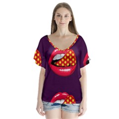 Lip Vector Hipster Example Image Star Sexy Purple Red Flutter Sleeve Top by Mariart