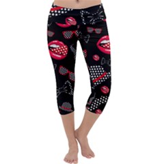 Lip Hat Vector Hipster Example Image Star Sexy Black Red Capri Yoga Leggings by Mariart