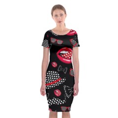 Lip Hat Vector Hipster Example Image Star Sexy Black Red Classic Short Sleeve Midi Dress