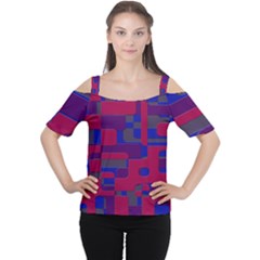 Offset Puzzle Rounded Graphic Squares In A Red And Blue Colour Set Women s Cutout Shoulder Tee