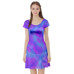 Original Purple Blue Fractal Composed Overlapping Loops Misty Translucent Short Sleeve Skater Dress by Mariart