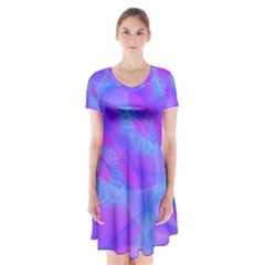 Original Purple Blue Fractal Composed Overlapping Loops Misty Translucent Short Sleeve V-neck Flare Dress by Mariart