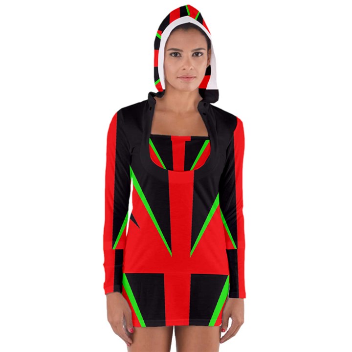 Rays Light Chevron Green Red Black Women s Long Sleeve Hooded T-shirt