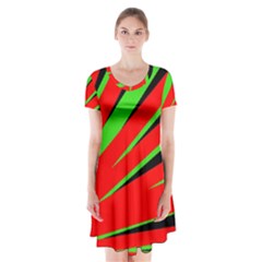 Rays Light Chevron Red Green Black Short Sleeve V-neck Flare Dress by Mariart