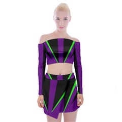 Rays Light Chevron Purple Green Black Line Off Shoulder Top With Skirt Set by Mariart