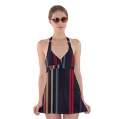 Stripes Line Black Red Halter Swimsuit Dress by Mariart