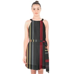 Stripes Line Black Red Halter Collar Waist Tie Chiffon Dress by Mariart