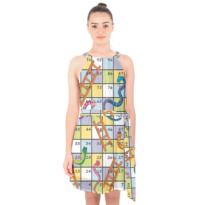 Snakes Ladders Game Board Halter Collar Waist Tie Chiffon Dress