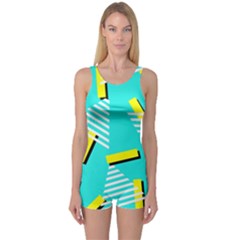 Vintage Unique Graphics Memphis Style Geometric Triangle Line Cube Yellow Green Blue One Piece Boyleg Swimsuit by Mariart