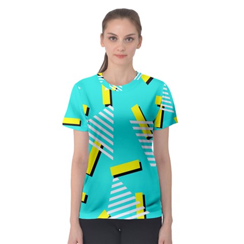 Vintage Unique Graphics Memphis Style Geometric Triangle Line Cube Yellow Green Blue Women s Sport Mesh Tee by Mariart