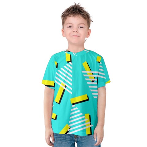 Vintage Unique Graphics Memphis Style Geometric Triangle Line Cube Yellow Green Blue Kids  Cotton Tee by Mariart